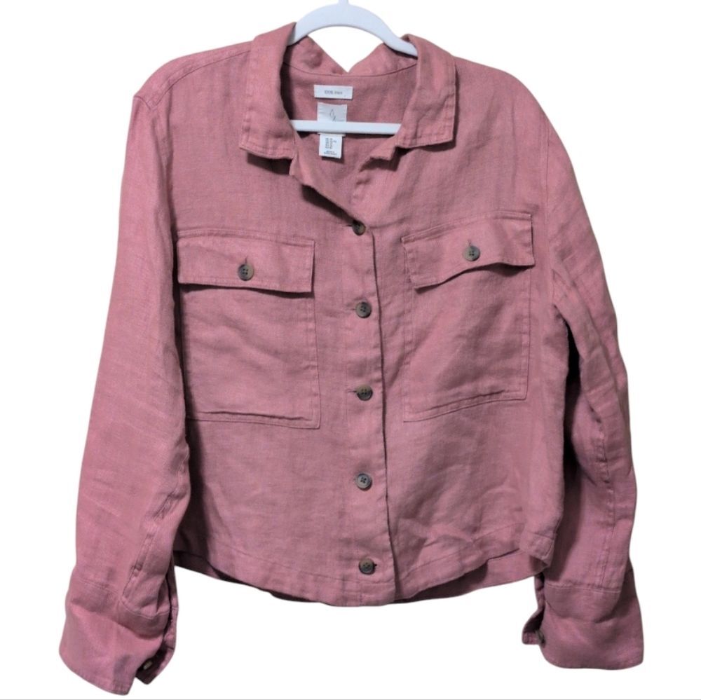 Joie linen button-down jacket in mauve pink shacket utility shirt Military XL